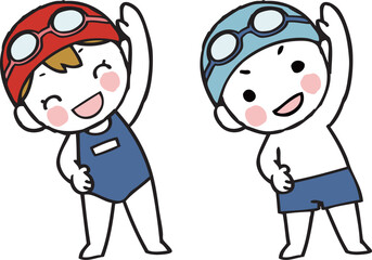水着で準備体操をする女の子と男の子のイラスト