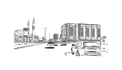 Building view with landmark of Ras Al Khaimah is the city in United Arab Emirates. Hand drawn sketch  illustration in vector.