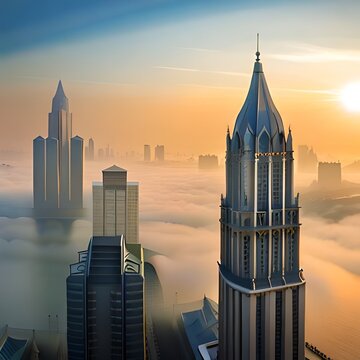 Bildbeschreibung: Ein Smog-Himmel, bei dem die Luftqualität schlecht ist und die Stadt von einer dicken Schicht aus verschmutzter Luft bedeckt ist. Es gibt keine klare Sicht auf die Straßen oder Gebäu