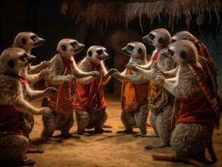 A group of meerkats celebrating with a traditional dance