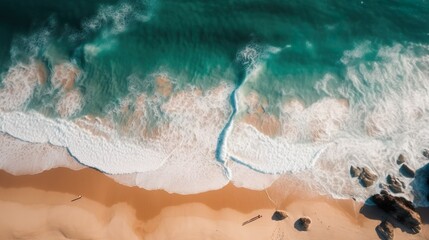 Fototapeta premium Strand Küste, Wellen Ozean von Oben, Vogelperspektive , generative AI