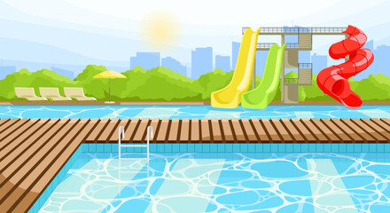 Hotel area with Water Park and pool. Empty poolside with sunbeds and umbrella. Luxury outdoor villa with blue water in swimming pool. Landscape on background. Vacation poster. Flat vector illustration