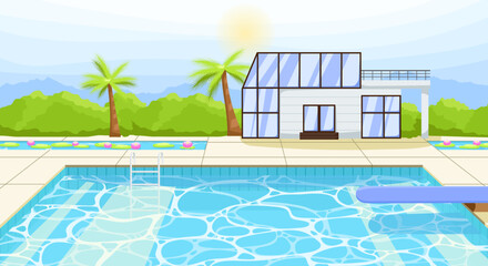 Summertime hotel with pool. Empty poolside with chaise lounges and umbrella. Exotic resort with blue water in swimming pool. Landscape on background. Luxury holidays poster. Flat vector illustration