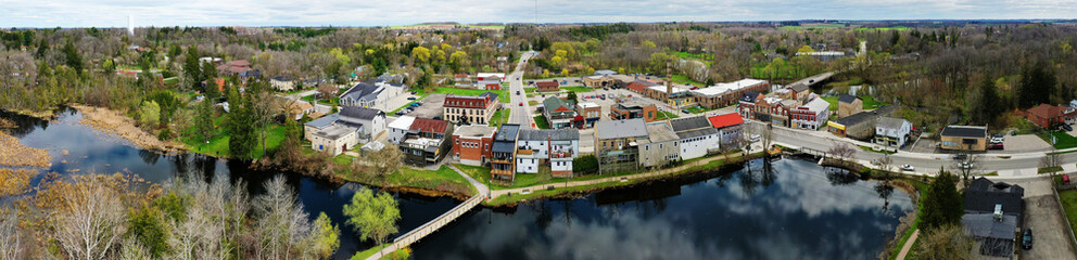 Aerial panorama view of Ayr, Ontario, Canada in early spring