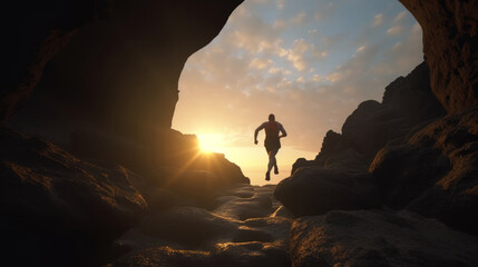 Silhouetted trail runner man scrambling in rocks at sunrise Illustration AI Generative.