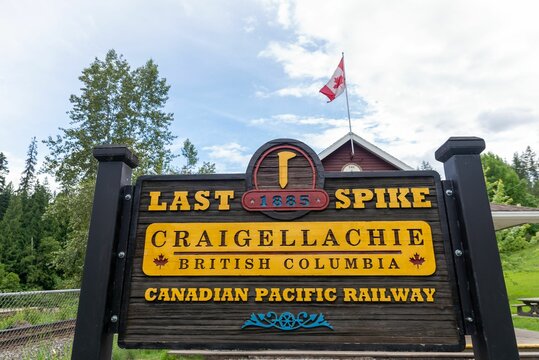 Wooden board sign for the Canadian pacific railway in Craigellachie, British Columbia, Canada