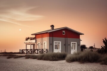 Beach house in the sunset