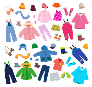Set of seasonal kids clothes isolated on white background. Puffer jacket, pants, shirt, shoes children outfits. Baby seasonal winter, spring, summer clothes colorful collection. Vector illustration