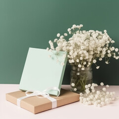 Flowers with gift box. Illustration AI Generative.