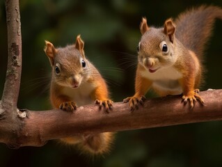 Obraz premium Two silly squirrels caught in a moment of play and mischief