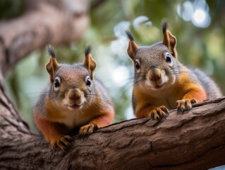 Fototapeta premium Two silly squirrels caught in a moment of play and mischief