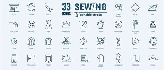 Obraz na płótnie Canvas Simple Set of Sewing icon, knitting and cloth repair Related Vector Line Icons. Contains thin Icons as Leather, Thimble, Needle and more. Editable Stroke. 48x48 Pixel Perfect