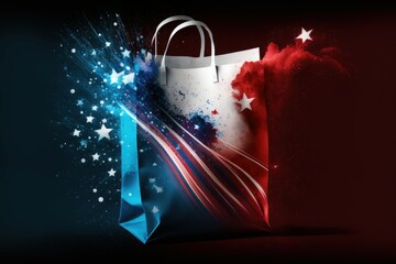 Obraz na płótnie Canvas Independence Day sale with red white and blue color shopping bag bursting with stars with Generative AI