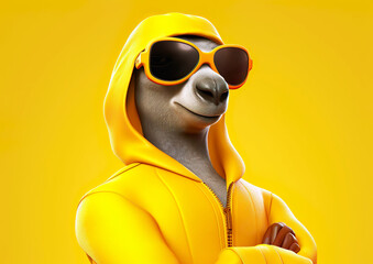 A cool donkey character exudes confidence in a bright yellow hoodie and matching sunglasses. The seamless yellow background enhances the lively and playful mood of the scene.AI generated.