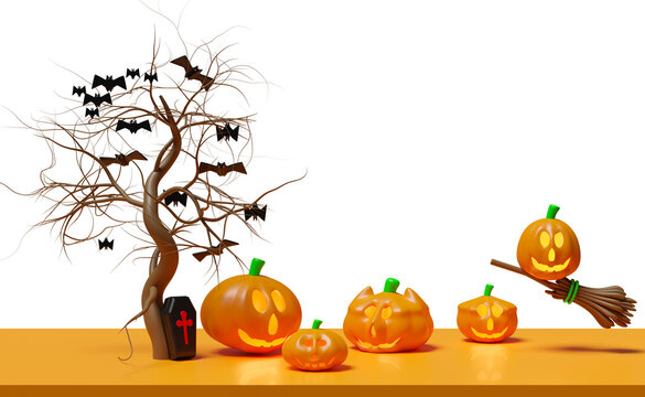 3d halloween pumpkin holiday party with coffin, flying bats, broom, Scared Jack O Lantern and candle light in pumpkin for happy halloween, 3d render illustration, isolated