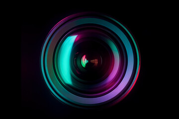 Red and green light on the camera lens, dark violet, and turquoise. Generative AI.