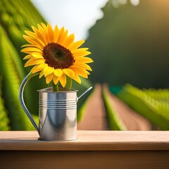 sunflower in a water can in front of a green field outside