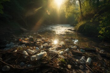 AI Generated Illustration of a river polluted with trash and plastic bottles
