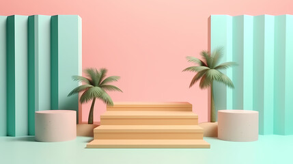Stage podium scene for product showcase, happy, summer day promotion concepts for your design choices. generative ai