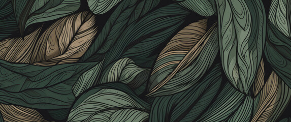 Green wallpaper with leaf designs, style of minimalist strokes. Generative Ai. 