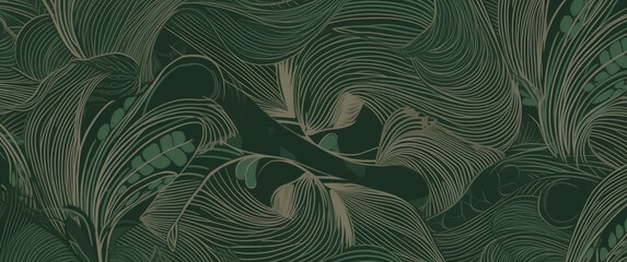 Green wallpaper with leaf designs, style of minimalist strokes. Generative Ai. 