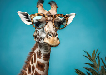 
Cool giraffe in the photo studio in front of the colorful background. Despite being in an unfamiliar environment, the animal feels good. AI generated illustration.
