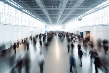Background of an expo or convention with blurred individuals in an exposition hall. Concept image for a international exhibition, conference center, corporate marketing, or event fair. Generative ai - obrazy, fototapety, plakaty