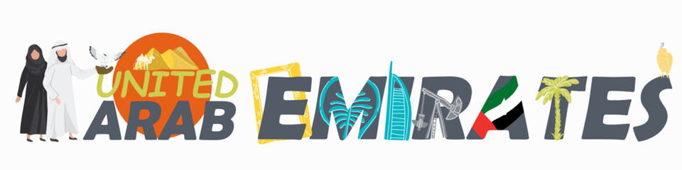 Sign United Arab Emirates, characters man and woman in national clothes, landmarks, hand drawn vector illustration for guidebook, poster, travel booklet, fashion design.