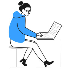 Young woman using laptop flat vector illustration