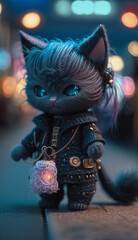 Cyber toy kitten with headphones in the night city in cyberpunk style, modern toy for fashionable kids. Created with AI.