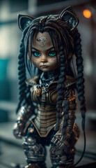 Cyberpunk doll girl with blue hair in cyberpunk style with a pet, a modern toy for fashionable children. Created with AI.