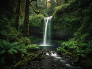 Obraz premium A lush green forest with a stunning waterfall as the centerpiece