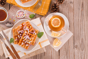 Waffles with jam and confetti. 