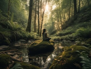 A person meditating in a peaceful forest setting