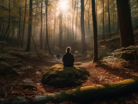 A person meditating in a peaceful forest setting