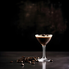 Espresso Martini Cocktail based on coffee, liqueur and vodka isolated on a dark background, copy space for text. Served in an elegant martini glass, garnished with beans of coffee. Generative AI - obrazy, fototapety, plakaty