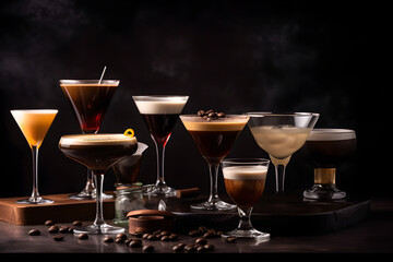 Set of classic coffee based alcohol cocktails such as espresso martini and other trendy cocktails isolated on dark background with copy space. Banner with soft and alcohol drinks. Generative AI