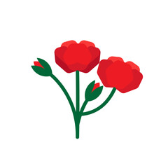 Red poppy flowers with green leaf icon Isolated Sign Flat Style Vector Illustration Symbol on White Background