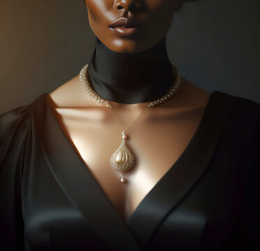 Minimalist image of decolette of black woman with a necklace with beads and pendants, made with generative ai