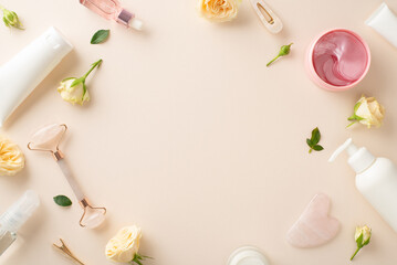 Fototapeta na wymiar Elevate your skincare routine with this trendy concept featuring a flat lay top view of massage face rollers and cream bottles surrounded by stunning rose flowers on a pastel beige background