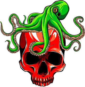 vector illustration of green kraken with red skull on white background. digital draw