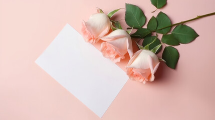 White mockup card with rose flower. Illustration AI Generative.