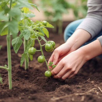 Woman planting tomato. Illustration AI Generative.