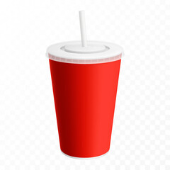 Soda drink plastic or paper cup with drinking straw, vector realistic 3d white disposable package mockup. Soda, juice or ice tea, fastfood soft drinks and beverage plastic cup with closed lid