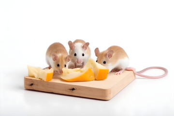 Little mice eat cheese on the wooden cutting board, white background, copy space, generative AI.