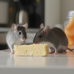 Fototapeta premium Gray mice approach a piece of cheese on the kitchen table, generative AI.