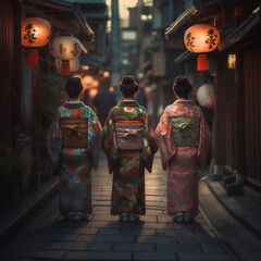 Geishas seen from behind, traditionally clothed in kimono, Japanese street, sundown, lampignons hanging from the ancient town facades - AI generated - 593292401