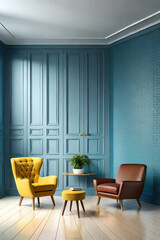 Modern interior, bright yellow chair in a living room with a blue wall and a lamp