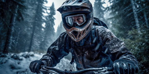 Naklejka premium Mountainbiker Mountainbiking im Wald Trail Sommer Winter Illustration Digital Art Generative AI Hintergrund Sport Leistung Action