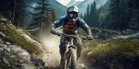 Fototapeta na wymiar Mountainbiker Mountainbiking im Wald Trail Sommer Winter Illustration Digital Art Generative AI Hintergrund Sport Leistung Action